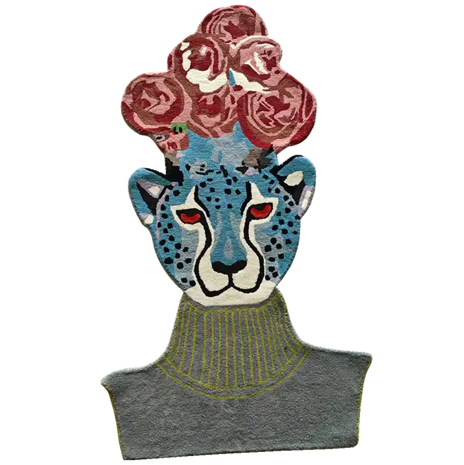 This vibrant hand-tufted area rug features a striking design of a blue leopard head adorned with blooming flowers. Perfect for adding a touch of creativity to your living room, kitchen, or hallway, this wool rug blends artistic flair with functionality. Ideal for use as a kitchen runner rug or a bathroom runner rug, it brings an element of wild elegance to any space.