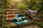Colorful butterfly-patterned rugs on stone steps in a lush garden setting
