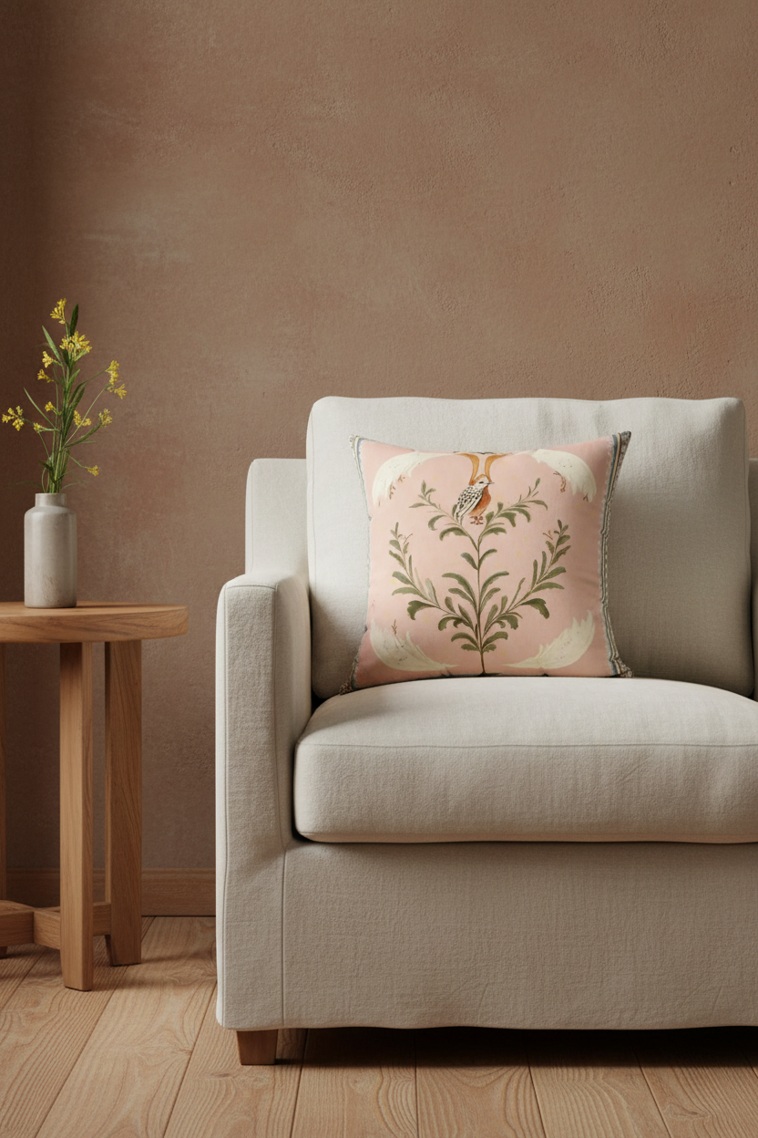 A square decorative throw pillow with a pink background and a botanical bird design, styled on a light beige armchair next to a small wooden side table with yellow flowers against a textured brown wall.