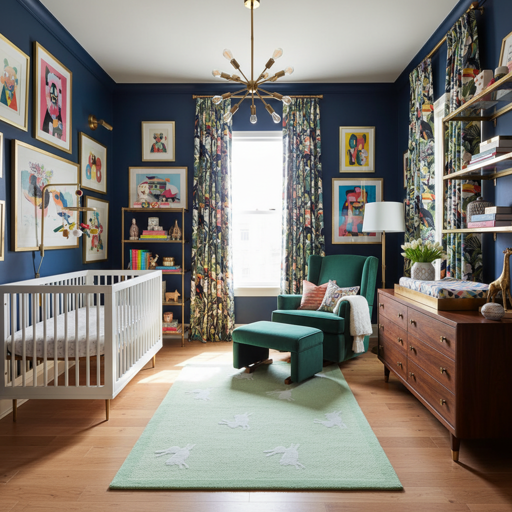 Nursery room with blue walls, rabbit rug, white crib, green armchair, and wooden dresser.