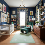 Nursery room with blue walls, rabbit rug, white crib, green armchair, and wooden dresser.