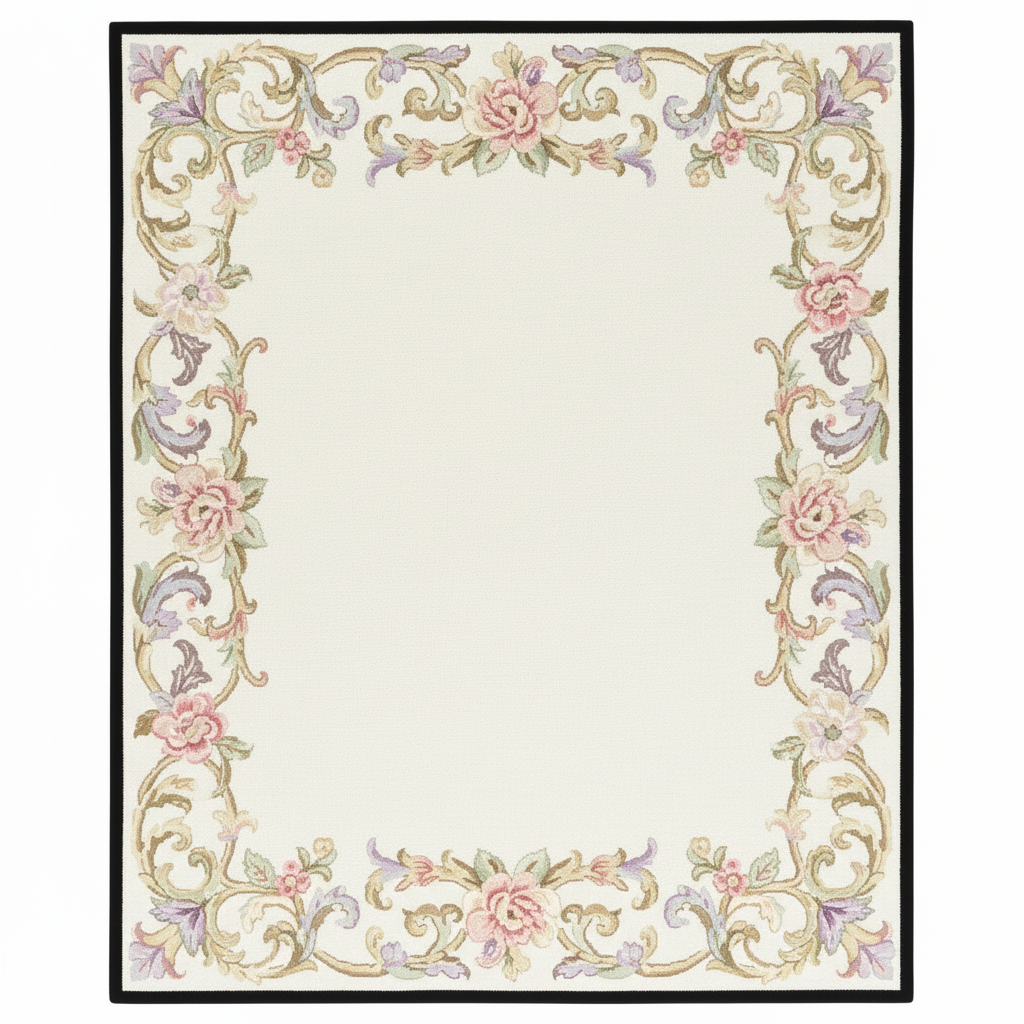 Decorative rug with floral and scroll designs on a white background