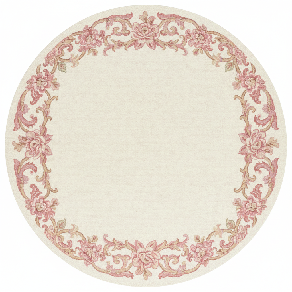 Round rug with pink floral patterns on a white background