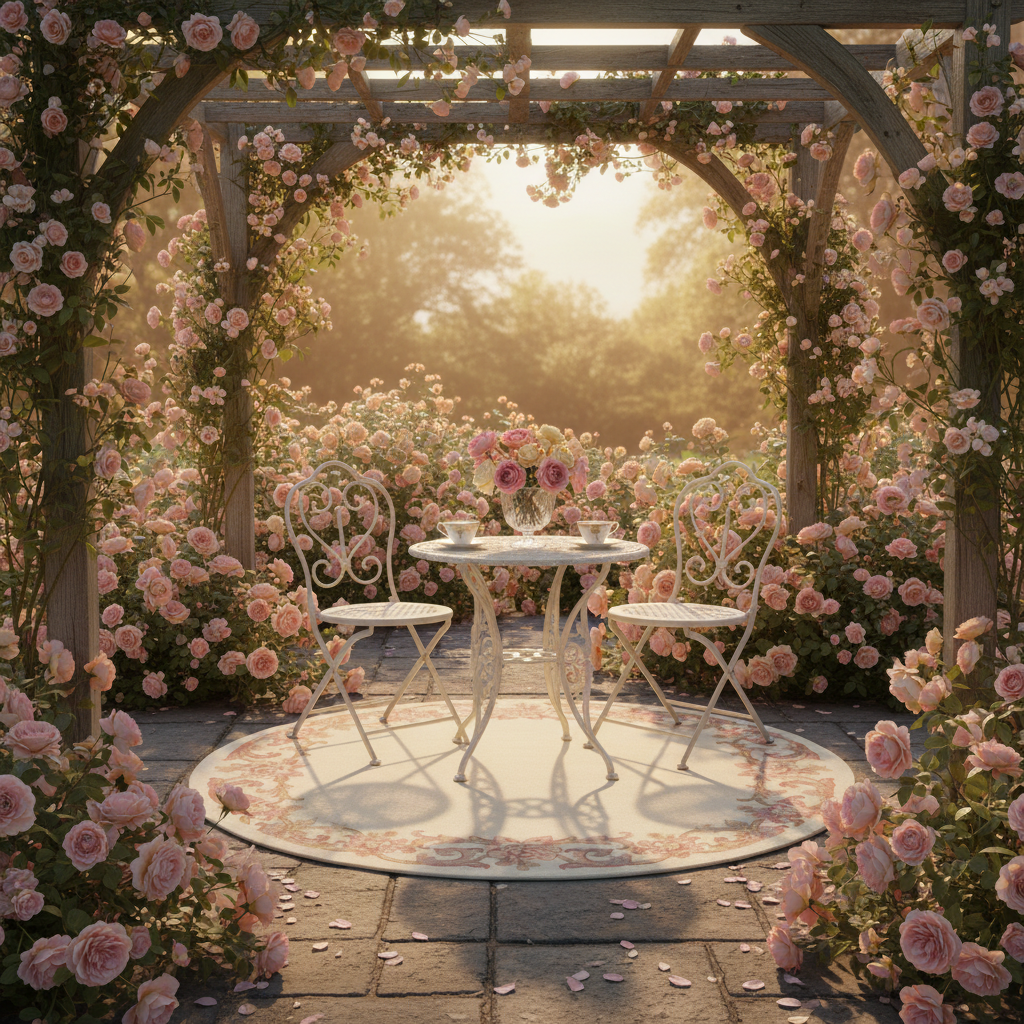 Garden setting with a table and chairs on round rug under a floral archway.