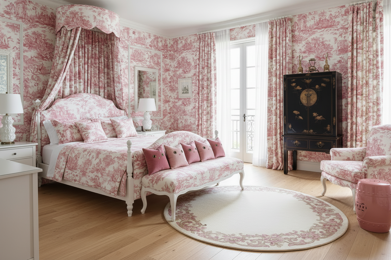 Pink and white bedroom with round floral rug, floral patterns on walls, bed, and curtains.