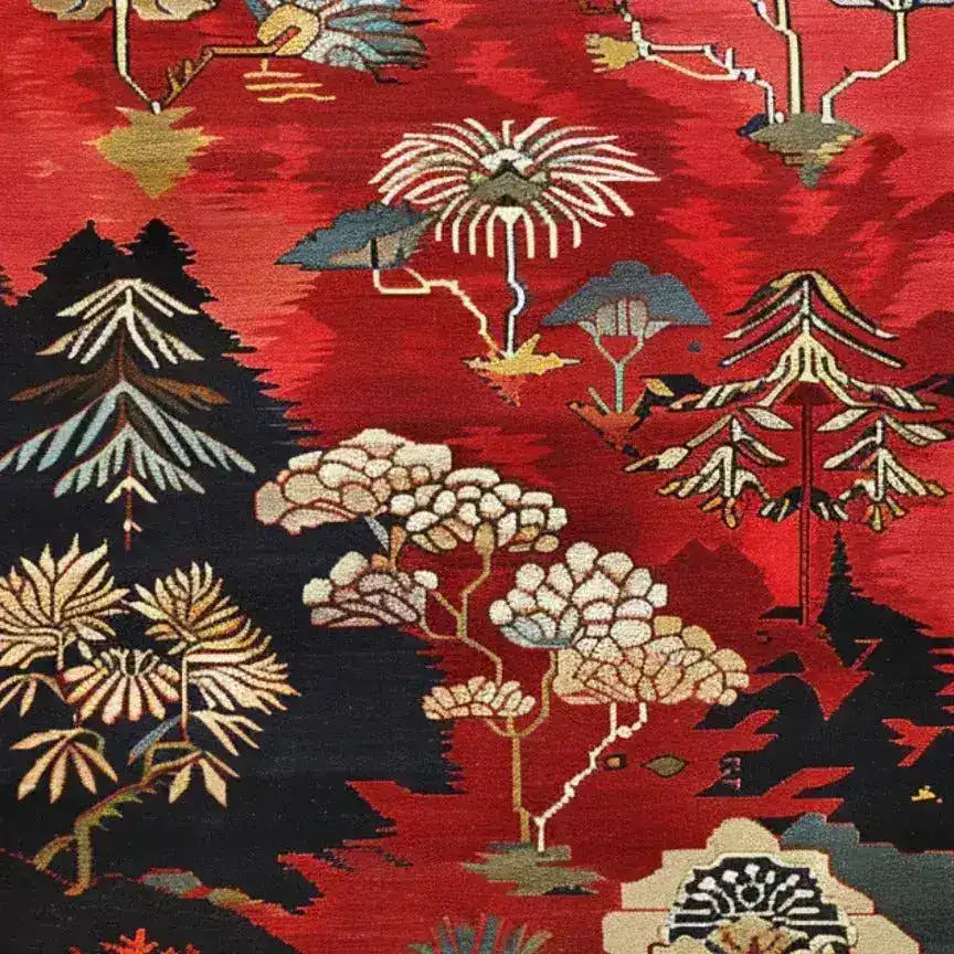 A vibrant Forest Fantasy Medium Hand Knotted Wool Rug featuring a rich red background with intricate floral and tree designs. This large area rug is perfect for a living room, blending the elegance of a Persian rug with the charm of a floral rug. The detailed wool craftsmanship showcases a beautiful tapestry of nature-inspired patterns, making it an ideal choice for those seeking high-quality large area rugs.