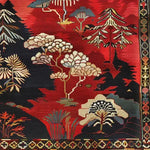 Vibrant Forest Fantasy Medium Hand Knotted Wool Rug featuring intricate floral and tree patterns in rich red, black, and gold tones, ideal for large living rooms. This Persian-inspired wool rug adds a touch of elegance and warmth, perfect for those seeking large area rugs with a floral design.