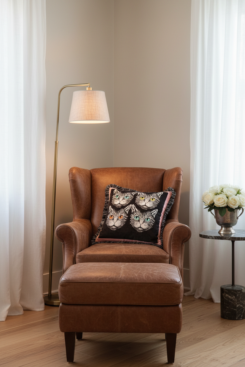 An olive green velvet sofa in a modern living room setting, styled with a square throw pillow featuring four illustrated cat faces on a black background with pink fringe.