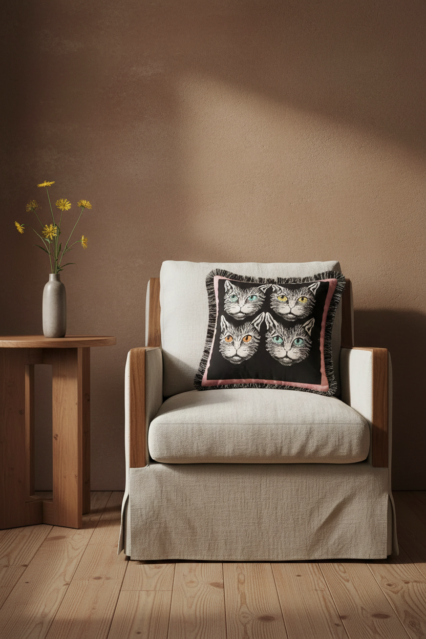 An olive green velvet sofa in a modern living room setting, styled with a square throw pillow featuring four illustrated cat faces on a black background with pink fringe.