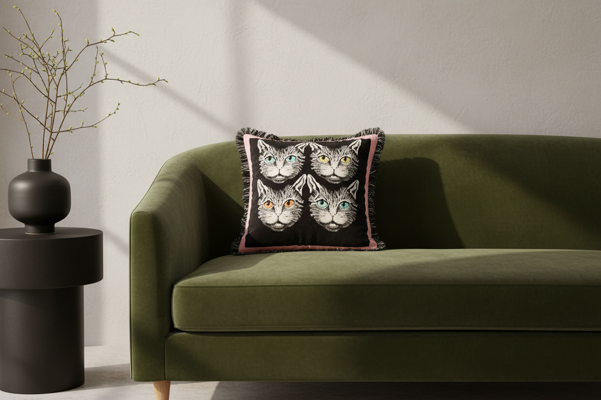 An olive green velvet sofa in a modern living room setting, styled with a square throw pillow featuring four illustrated cat faces on a black background with pink fringe.
