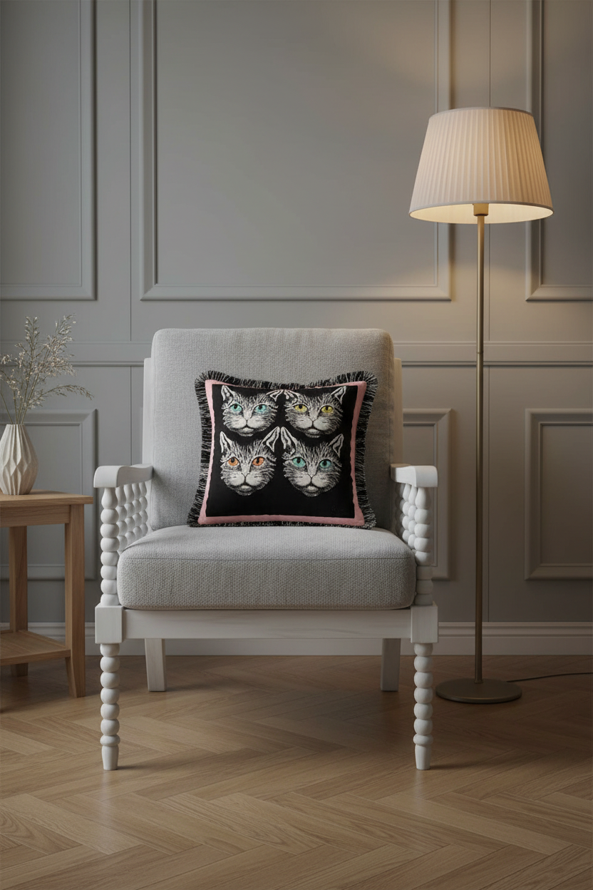 An olive green velvet sofa in a modern living room setting, styled with a square throw pillow featuring four illustrated cat faces on a black background with pink fringe.