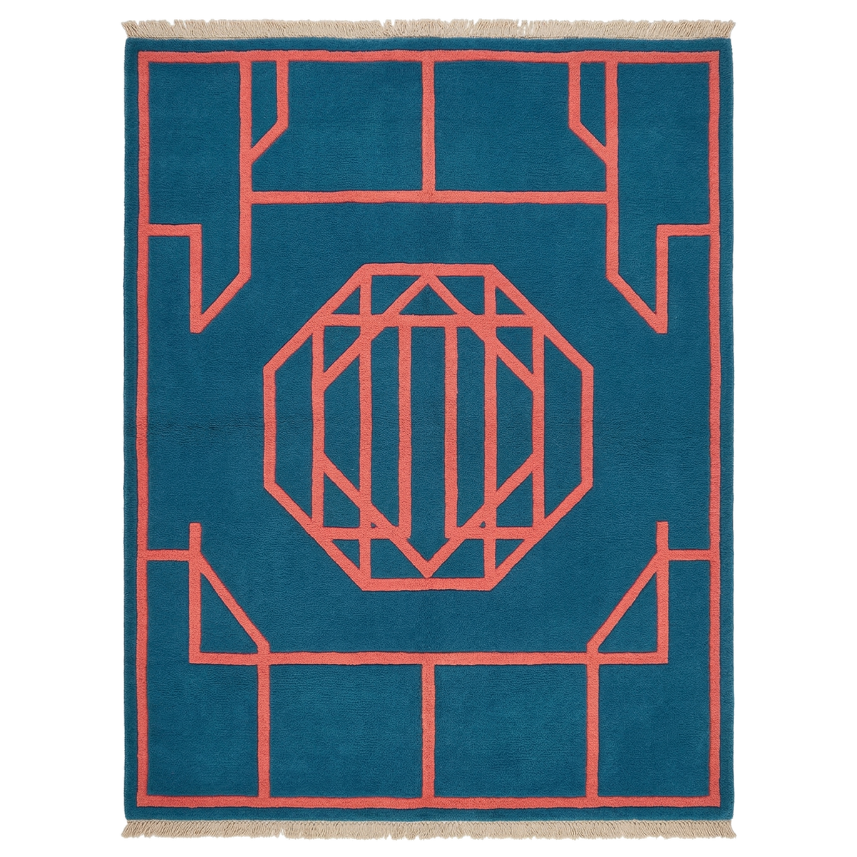 Framed in Grid and Blue Hand Knotted Rug 
