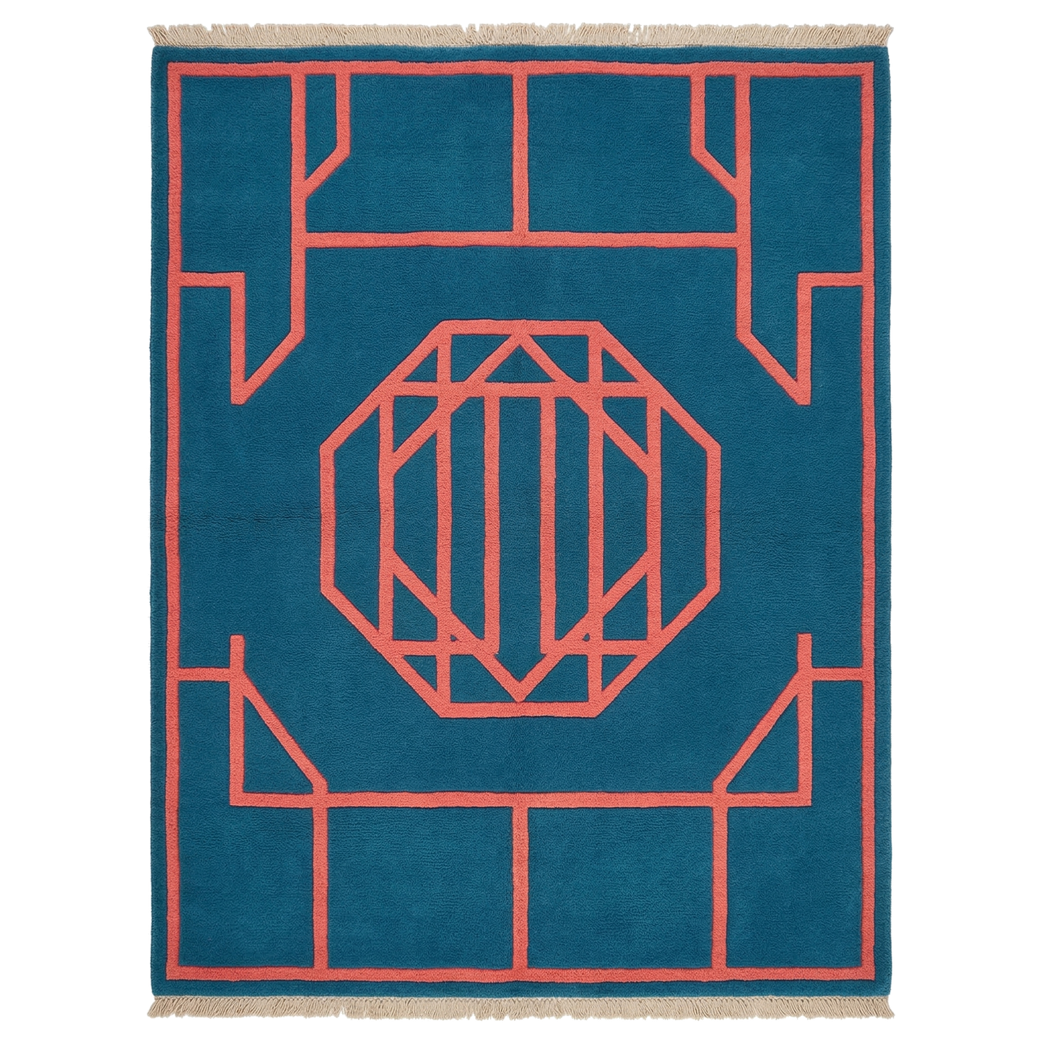 Framed in Grid and Blue Hand Knotted Rug 
