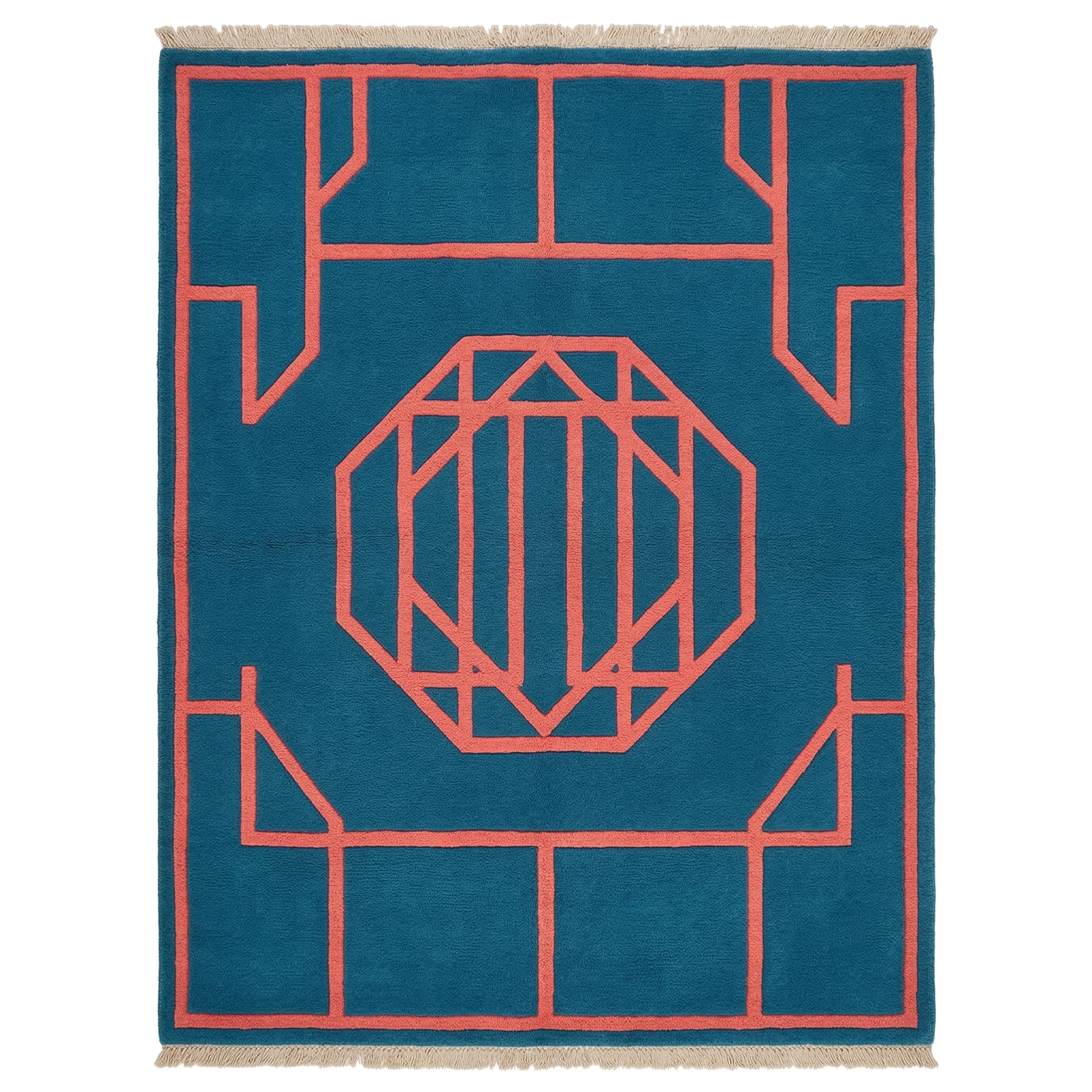 Framed in Grid and Blue Hand Knotted Rug 