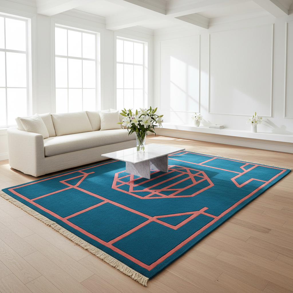 Modern living room with a blue and pink geometric rug, white sofa, and coffee table.