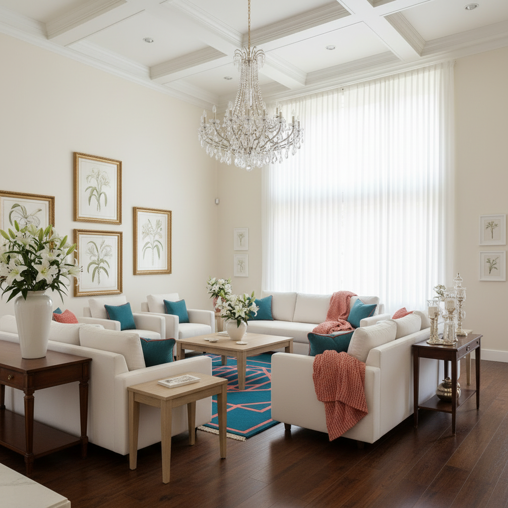 Living room with white sofas, decorative pillows, and a chandelier.