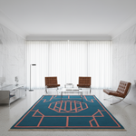 Modern living room with a blue and red geometric rug, brown chairs, and a white wall.