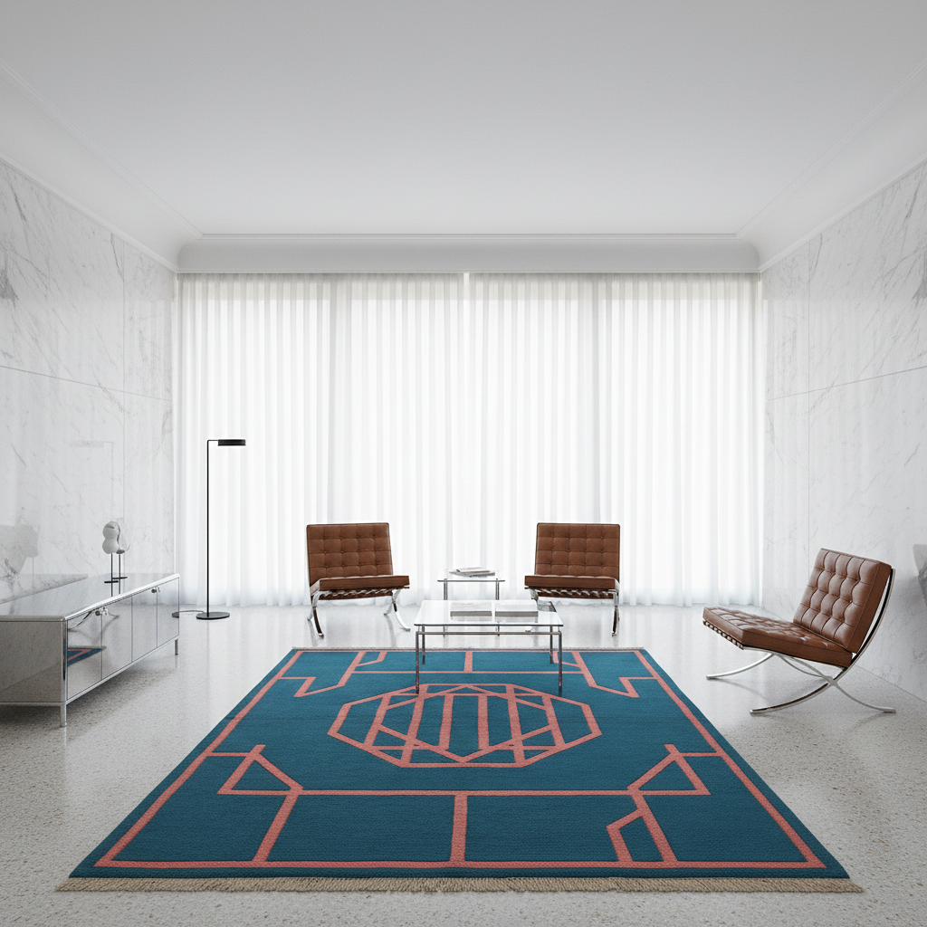 Modern living room with a blue and red geometric rug, brown chairs, and a white wall.