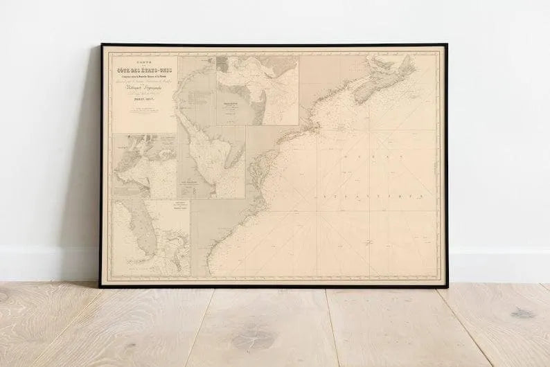 French Chart Map from Nova Scotia to Florida 1857| Map Wall Decor