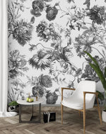 French Toile Black and White Flower Provence Vintage Wall Mural