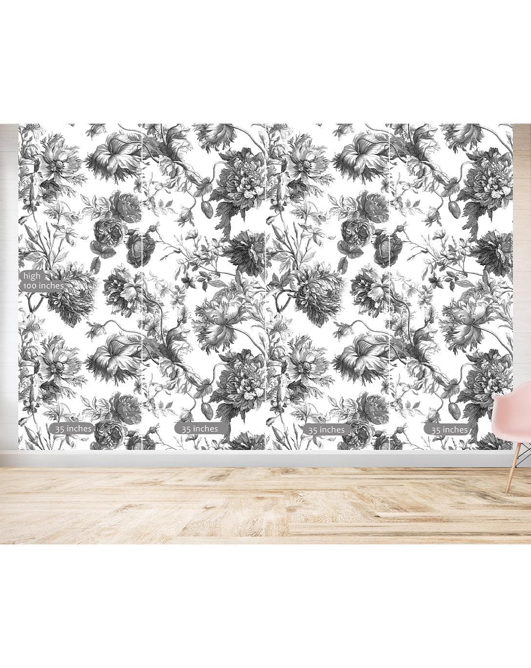French Toile Black and White Flower Provence Vintage Wall Mural 