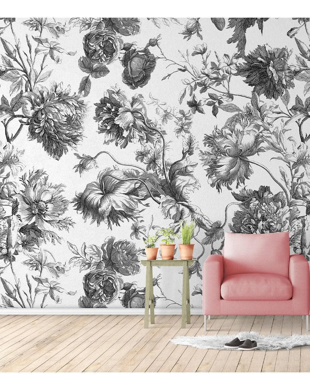 French Toile Black and White Flower Provence Vintage Wall Mural