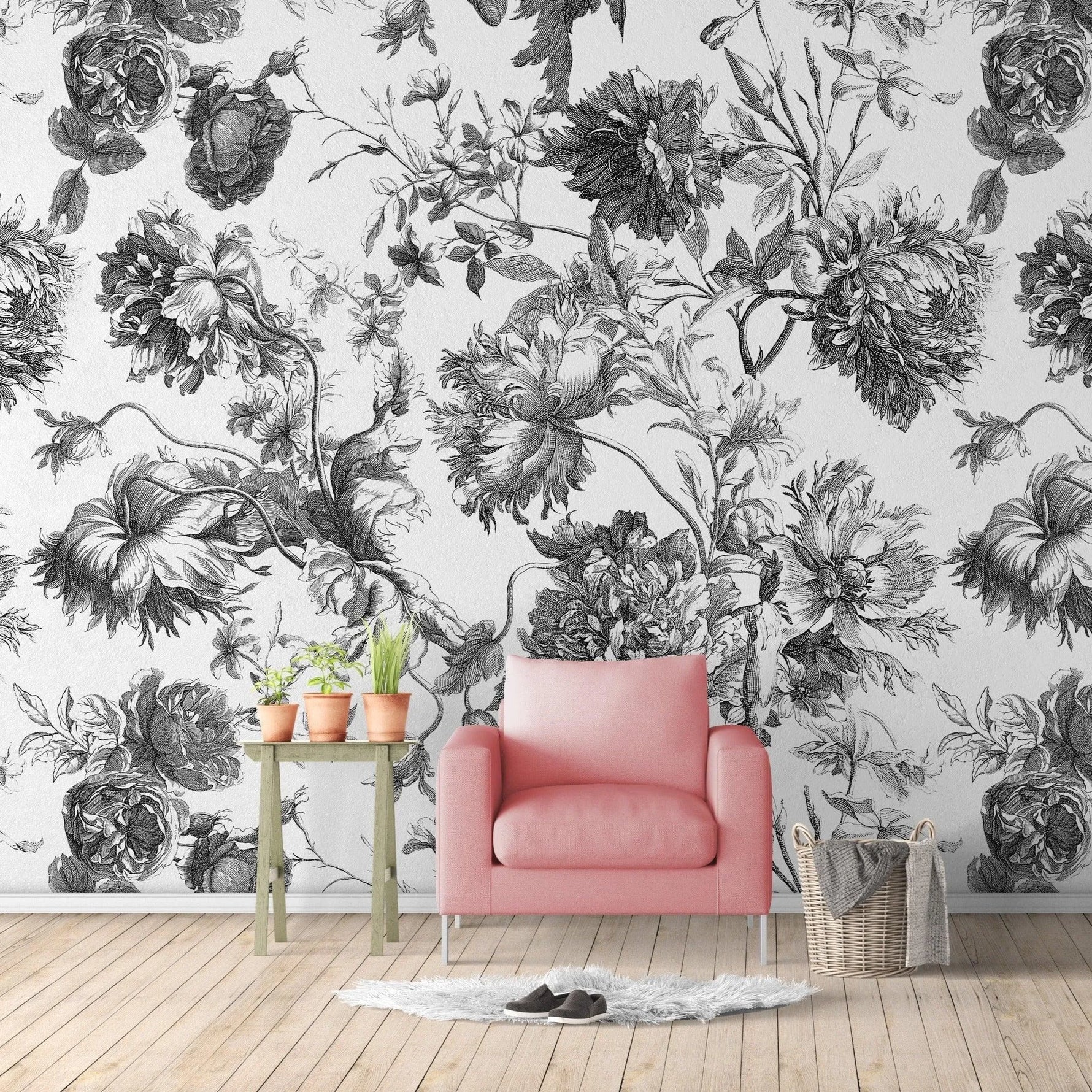 French Toile Black and White Flower Provence Vintage Wall Mural