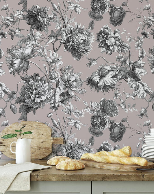 French Toile Pink Flower Provence Vintage Romantic Wallpaper 