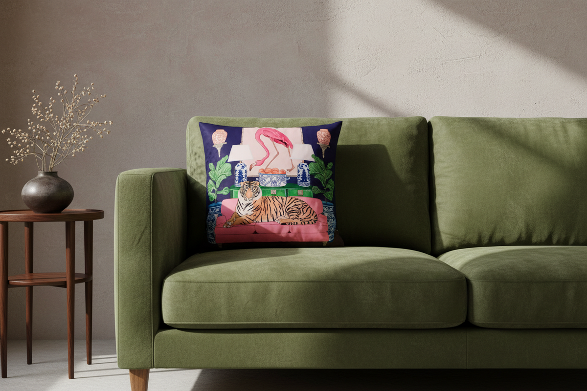A square decorative throw pillow with a colorful tropical flamingo and tiger print, styled on a cream-colored fabric slipcovered sofa against a textured beige wall and light wood floor.