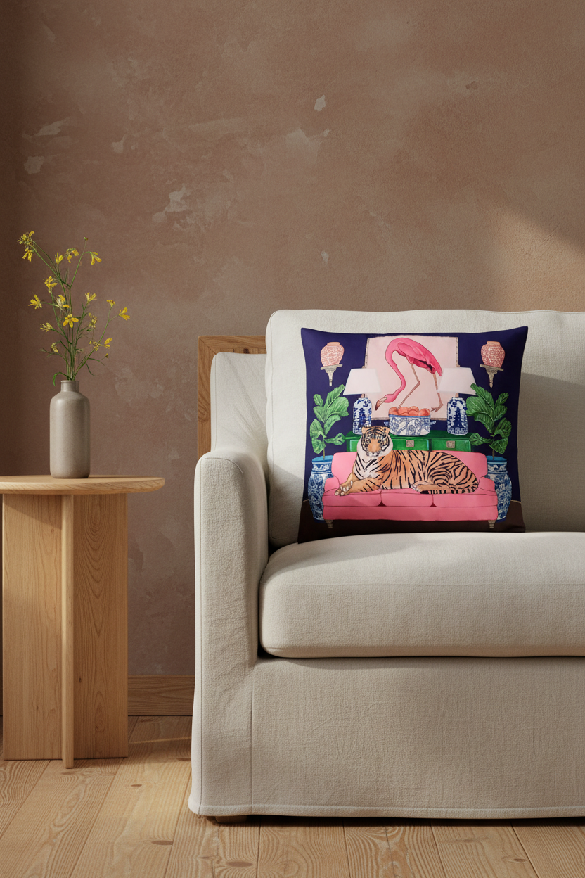 A square decorative throw pillow with a colorful tropical flamingo and tiger print, styled on a cream-colored fabric slipcovered sofa against a textured beige wall and light wood floor.