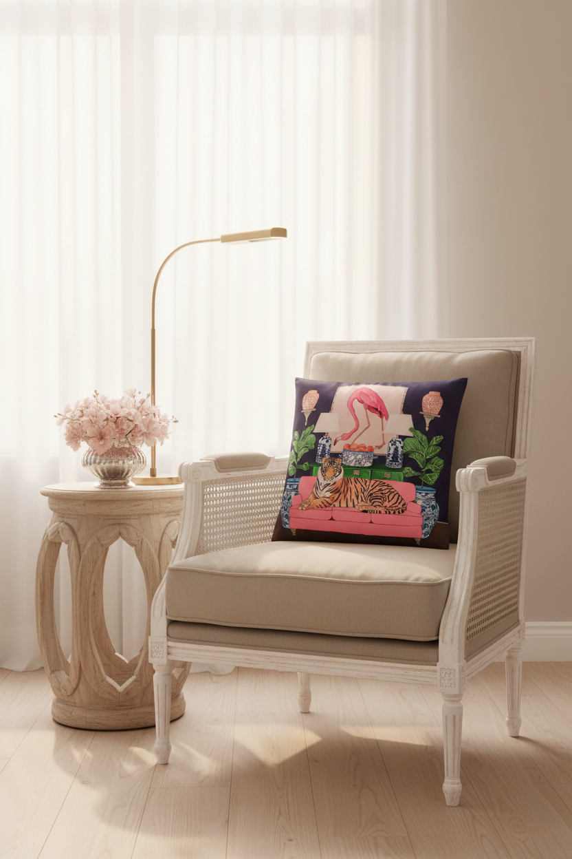 A square decorative throw pillow with a colorful tropical flamingo and tiger print, styled on a cream-colored fabric slipcovered sofa against a textured beige wall and light wood floor.