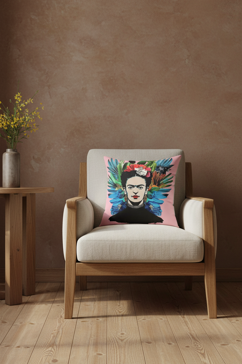 A square throw pillow featuring a colorful Frida Kahlo portrait print, styled on a light wood and cream armchair in a rustic room with a textured brown wall and wooden floor.