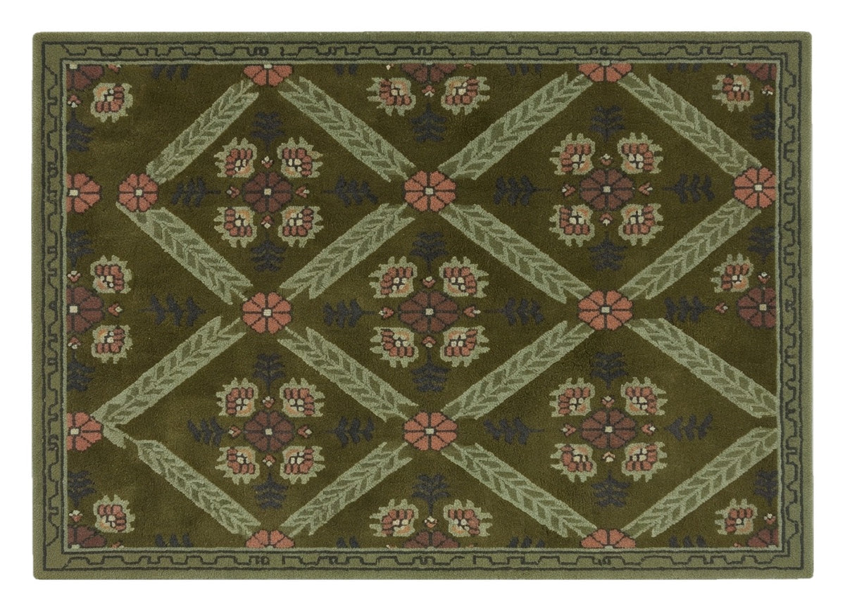 Garden Trellis Olive Hand Tufted Rug shown flat on a white background