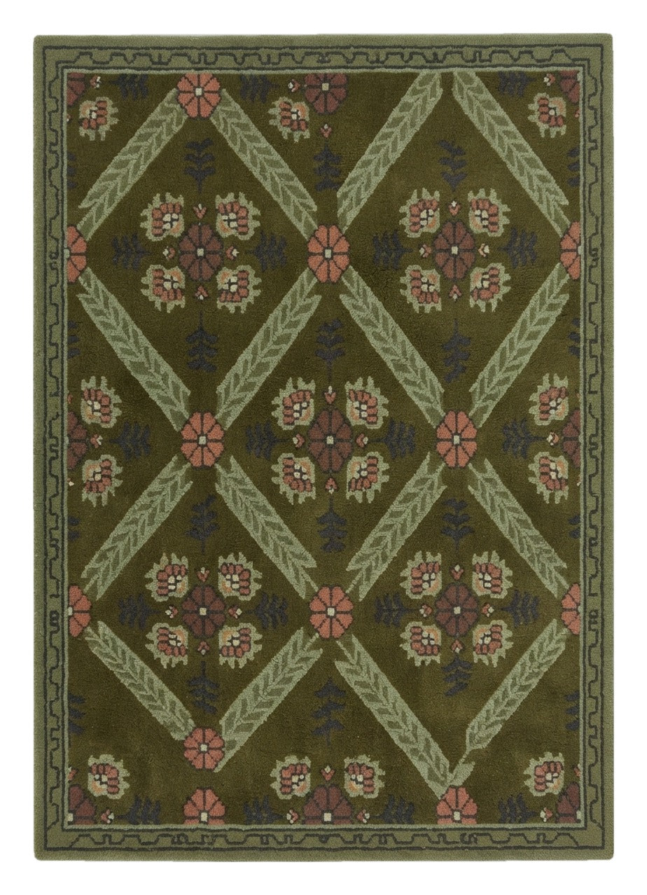 Garden Trellis Olive Hand Tufted Rug — olive, sage, pink floral rug by Maia Homes on a white background