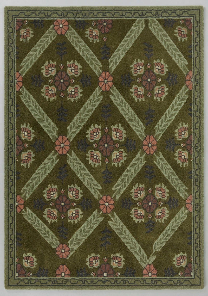 Garden Trellis Olive Hand Tufted Rug — olive, sage, pink floral rug by Maia Homes