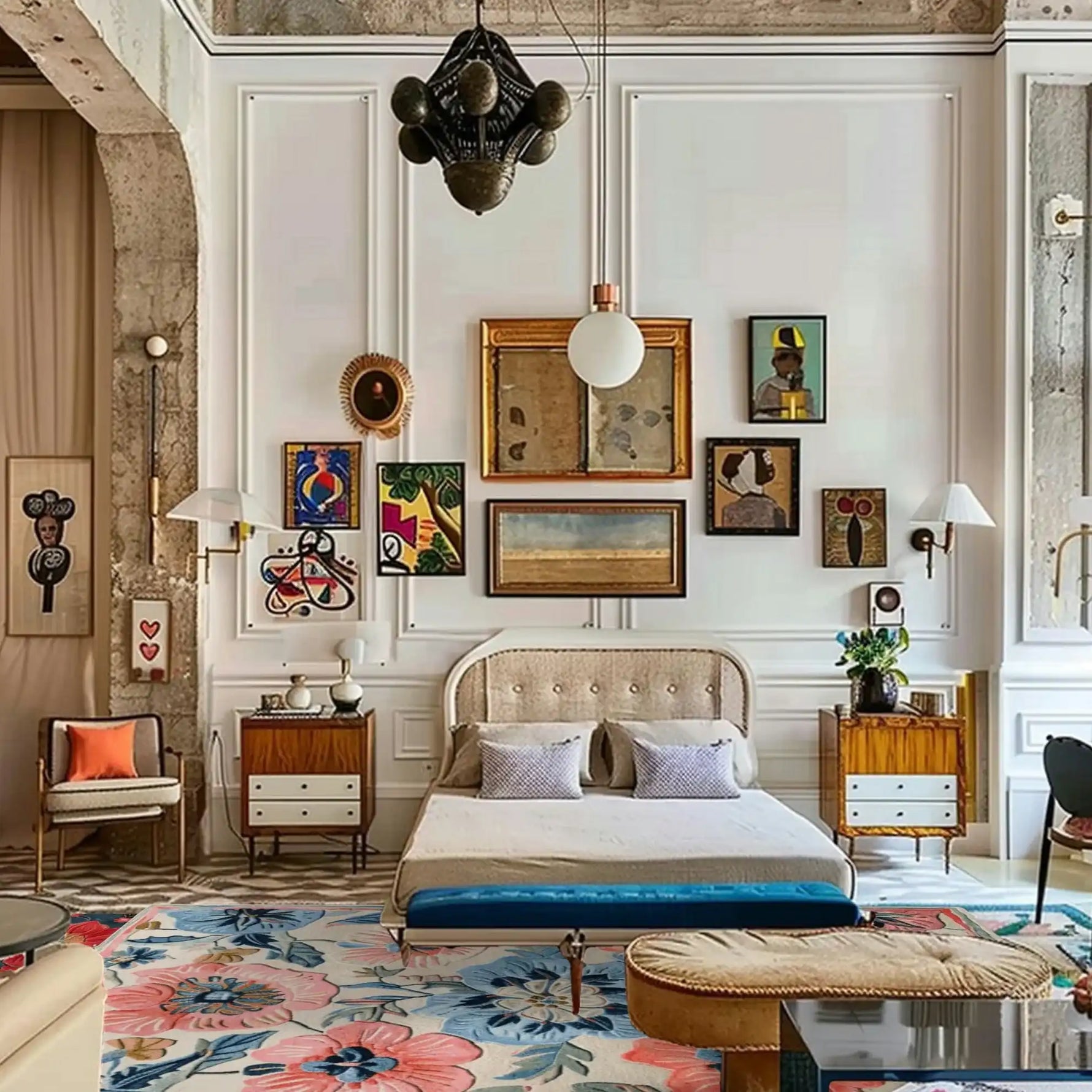 A beautifully styled living room showcasing the Garden Breeze Hand Tufted Area Rug. This wool rug features a vibrant floral pattern with shades of blue and pink, creating a stunning centerpiece. Ideal for adding a touch of elegance to area rugs for living room settings.