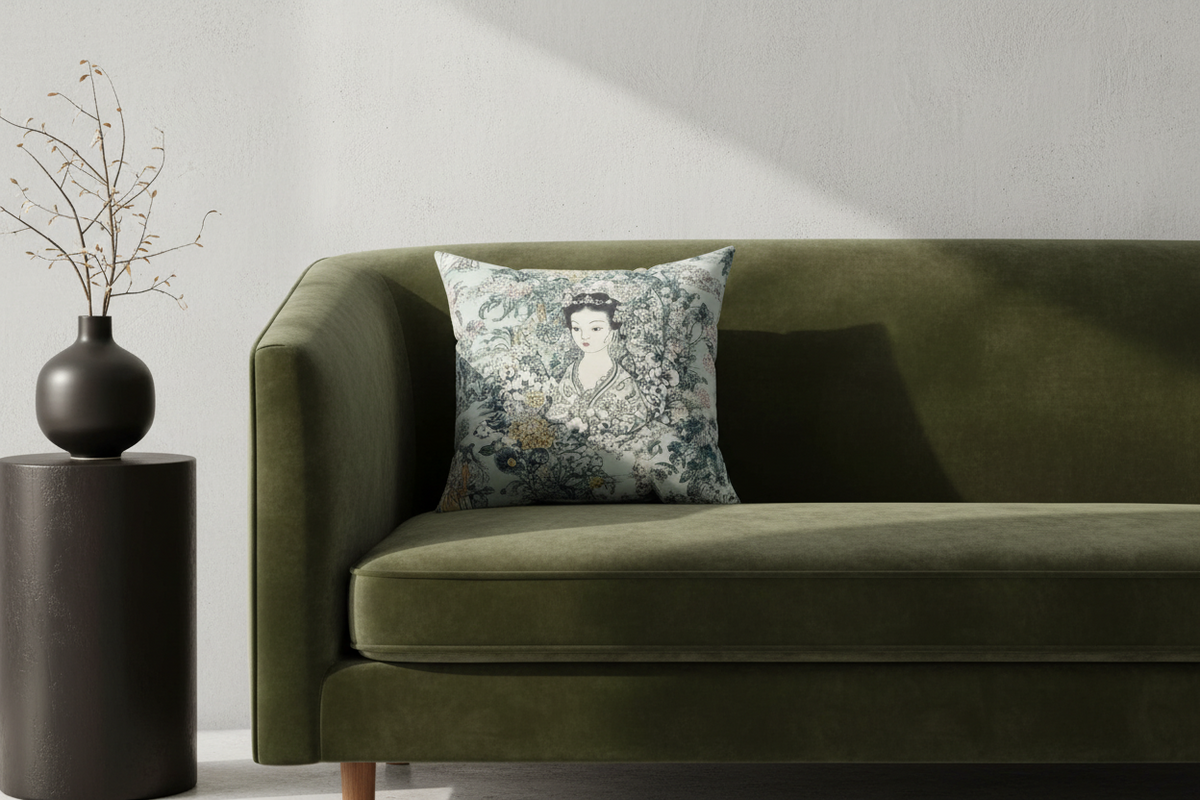 A square decorative throw pillow with a vintage-style woman illustration and floral pattern, resting on an olive green velvet sofa next to a black side table with a vase of branches.