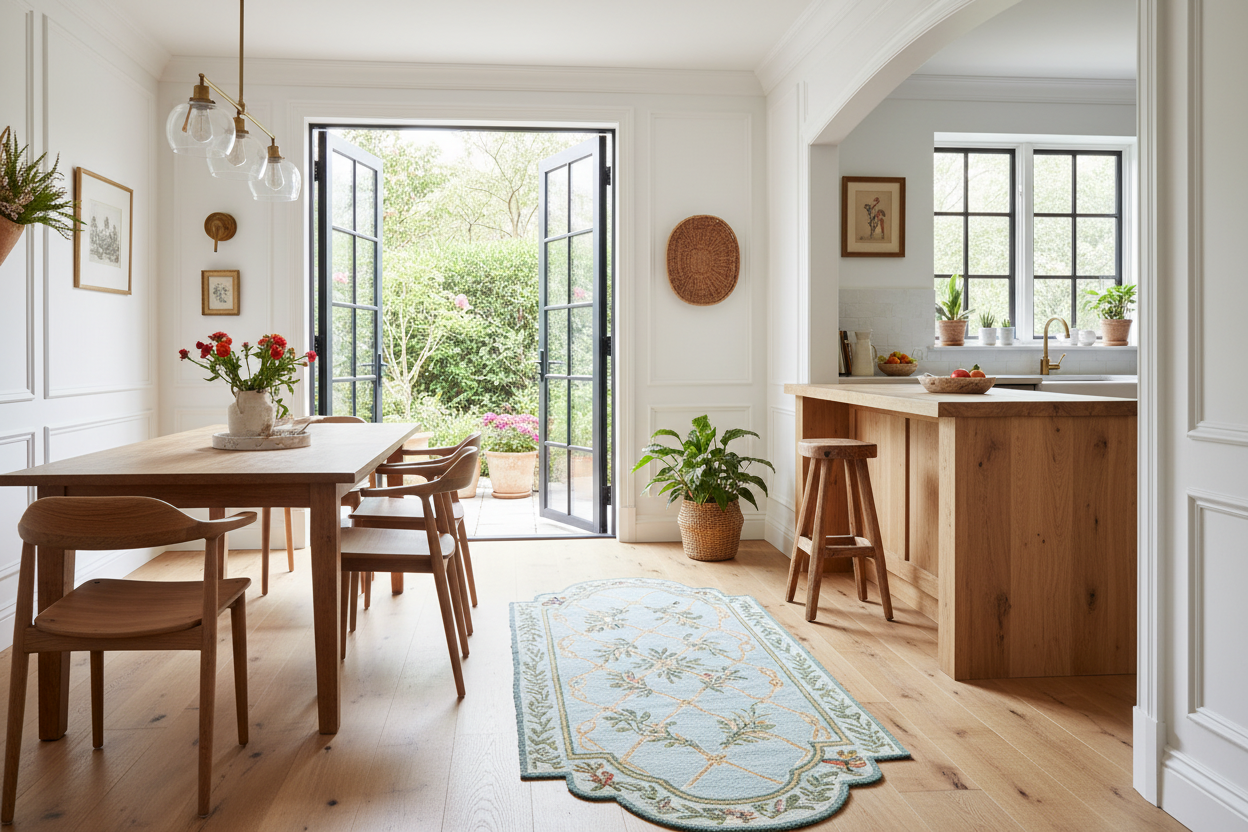 Modern kitchen and dining area with wooden furniture and a runner garden knots hand tufted rug and open doors leading to a garden.