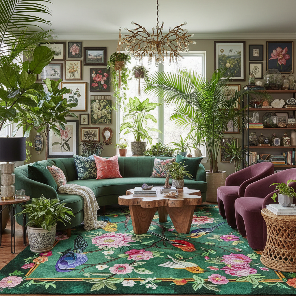 Living room with green sofa, purple chairs, and a floral rug.