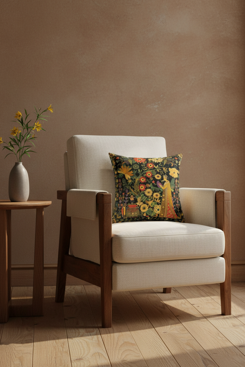 A cream upholstered armchair with a dark floral accent pillow, set in a warm, minimalist room with a textured brown wall, light wood floor, and a small side table with yellow flowers.