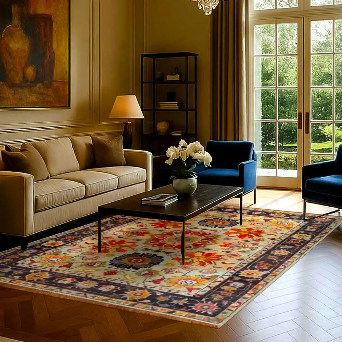 A beautifully decorated living room featuring the Garden of Elegance Hand Knotted Area Rug. This large living room area rug showcases a stunning floral design with vibrant colors, adding a touch of Persian elegance to the space. The rug's intricate patterns complement the tasteful decor, making it a perfect addition to any home looking for a luxurious floral rug.