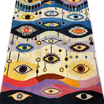 The Gaze of Wonder Hand Tufted Rug is a vibrant, contemporary area rug featuring an abstract eye pattern in a variety of colors. This large area rug is perfect for adding a touch of whimsy and vintage charm to your living room. Crafted from high-quality wool, it combines durability with a soft, luxurious feel, ideal for those seeking unique and stylish large area rugs for their space.