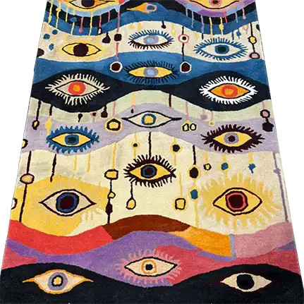 The Gaze of Wonder Hand Tufted Rug is a vibrant, contemporary area rug featuring an abstract eye pattern in a variety of colors. This large area rug is perfect for adding a touch of whimsy and vintage charm to your living room. Crafted from high-quality wool, it combines durability with a soft, luxurious feel, ideal for those seeking unique and stylish large area rugs for their space.