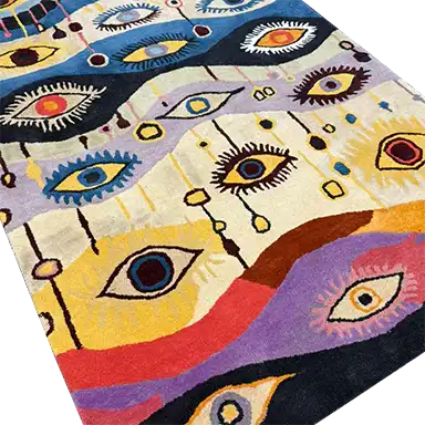 The Gaze of Wonder Hand Tufted Rug showcases a vibrant array of abstract eye designs, perfect for adding a touch of intrigue to your living space. This large area rug, ideal for living rooms, combines the charm of a vintage rug with the durability of a wool rug. Its contemporary style features bold colors and unique patterns, making it a standout piece among large area rugs.