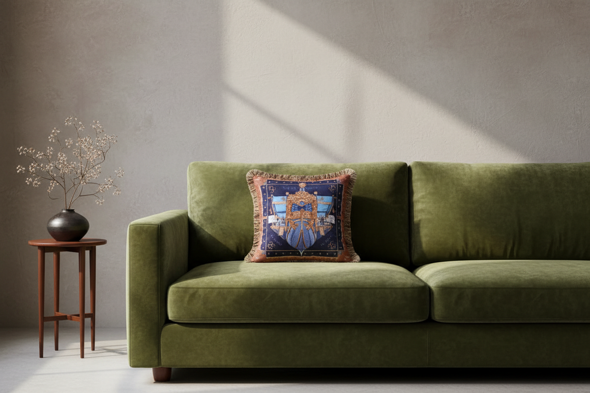 An olive green velvet sofa in a styled room setting, featuring a decorative blue and gold patterned throw pillow. A small wooden side table with a dark vase of dried branches stands to the left against a textured gray wall with soft diagonal sunlight shadows.