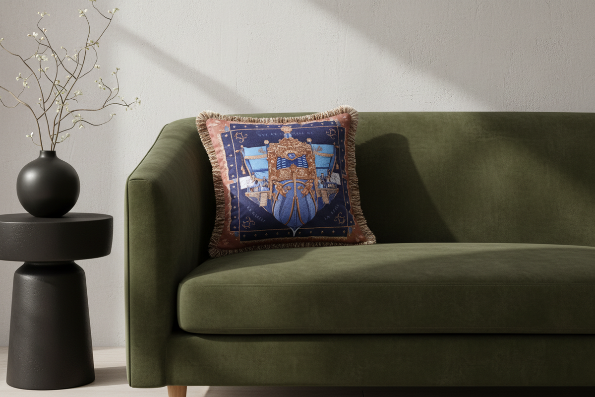 An olive green velvet sofa in a modern living room setting, featuring a square decorative throw pillow with a blue and gold heraldic shield design and fringed edges.