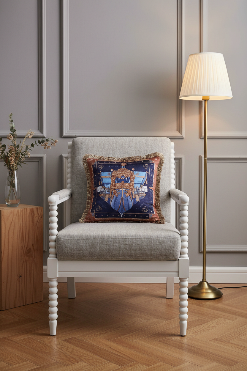 A decorative square throw pillow with a blue and gold heraldic crest design, featuring fringed edges, styled on a light gray upholstered armchair in a modern living room setting with a floor lamp and wood paneling.