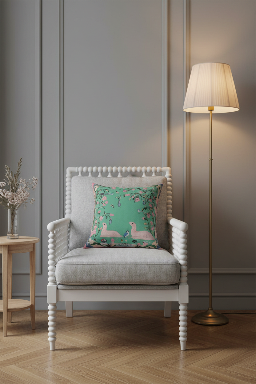 A cream-colored slipcovered loveseat sofa with a decorative throw pillow featuring a green background, pink ducks, and pink flowers, set against a textured beige wall and light wood flooring.