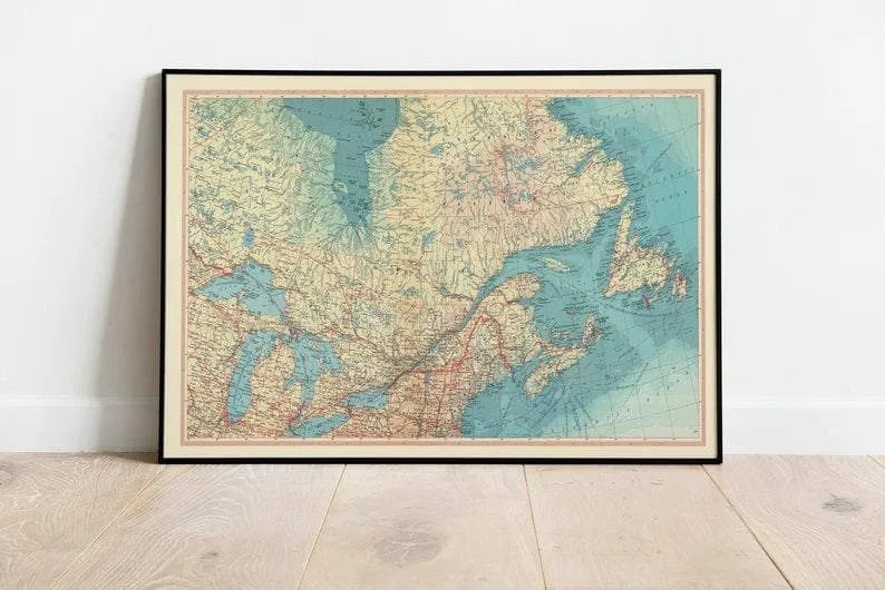 Geographical Map of Canada, Ontario, Quebec, and Maritime Provinces| Map Wall Decor