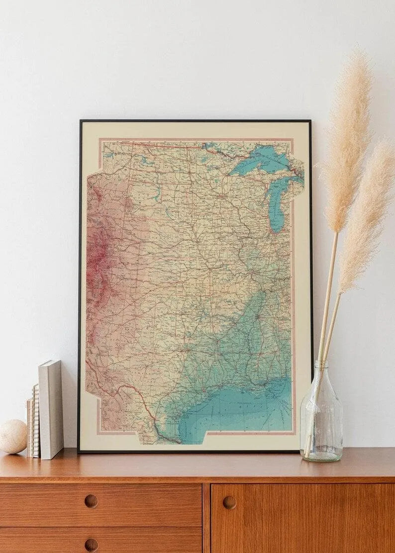 Geographical Map of Central United States| Map Wall Decor